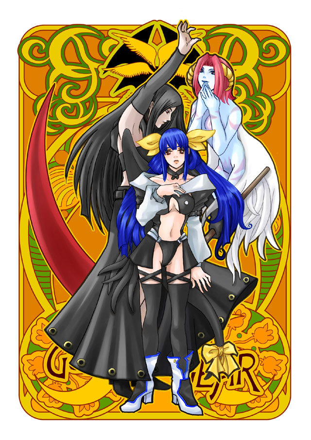 1boy 2girls art_nouveau asymmetrical_wings black_clothes black_footwear black_hair black_legwear black_panties blue_hair boots demon_girl dizzy_(guilty_gear) exe_beast guilty_gear guilty_gear_x guilty_gear_xx holding holding_scythe horns long_hair long_sleeves looking_at_viewer looking_to_the_side midriff monster_girl multiple_girls open_clothes open_skirt panties pink_hair puffy_sleeves red_eyes ribbon scythe short_hair skirt tail tail_ornament tail_ribbon testament_(guilty_gear) thigh-highs thigh_strap underwear white_footwear wings yellow_ribbon