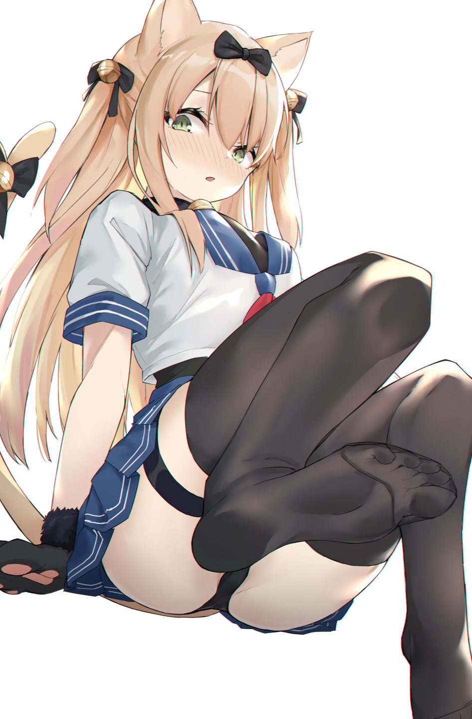 0shino 1girl :o animal_ears ass bangs bell black_bow black_gloves black_legwear black_panties blonde_hair blue_skirt blush bow breasts cat_ears cat_girl cat_tail eyebrows_visible_through_hair feet girls_frontline gloves green_eyes hair_between_eyes hair_bow hair_ornament highres jingle_bell long_hair looking_at_viewer no_shoes panties paw_gloves paws pleated_skirt sailor_collar school_uniform shirt short_sleeves simple_background sitting skirt soles solo tail thigh-highs thigh_strap thighs tmp_(girls_frontline) toes two_side_up underwear white_background white_shirt