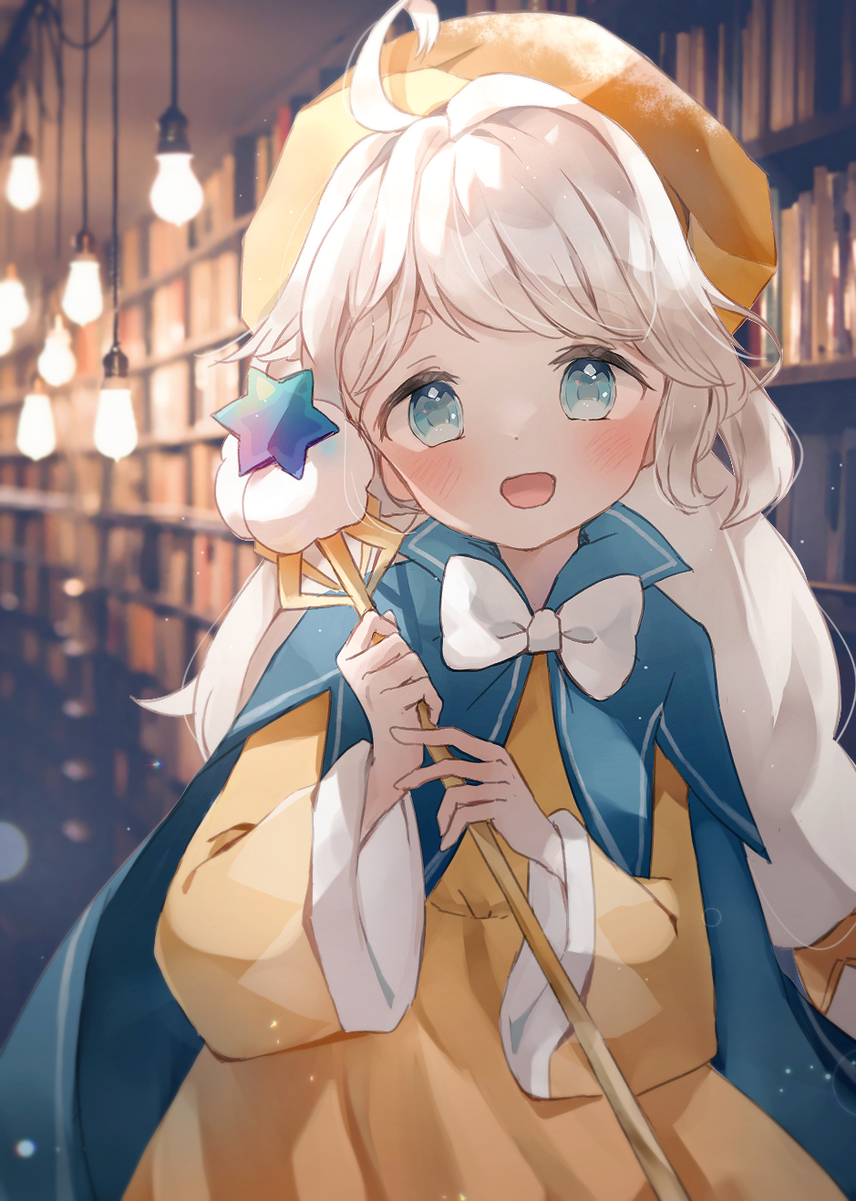 1girl ahoge bangs blue_cape blue_eyes blurry blurry_background blush bokeh bookshelf bow bowtie cape commentary cookie_run cream_puff_cookie depth_of_field dress dust hanging_light hat highres holding holding_staff indoors long_hair long_sleeves looking_at_viewer open_mouth smile solo spi staff upper_body white_hair white_neckwear yellow_dress yellow_headwear