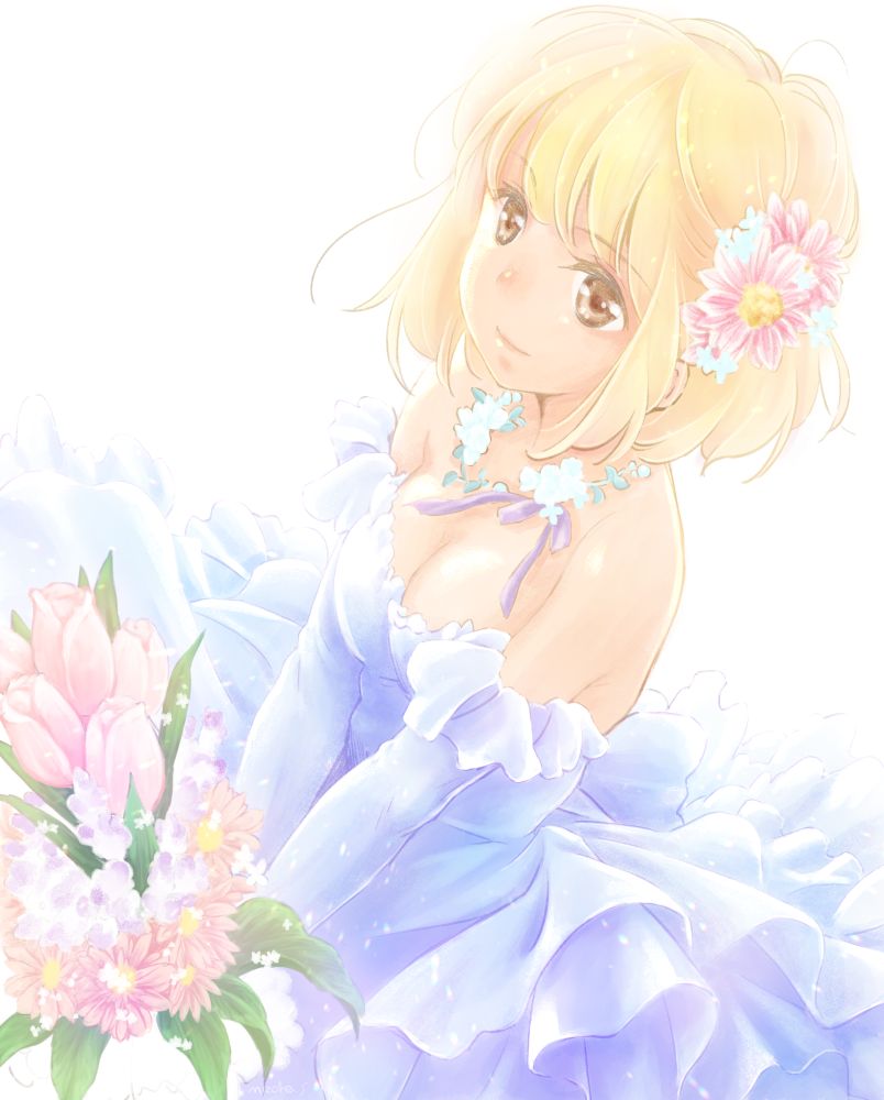 1girl asagao_to_kase-san bare_shoulders blonde_hair blue_dress bouquet brown_eyes closed_mouth dress dutch_angle flower hair_flower hair_ornament jewelry kaedesaku41983 leaf looking_at_viewer necklace short_hair solo strapless strapless_dress tulip v_arms white_background wreath yamada_yui