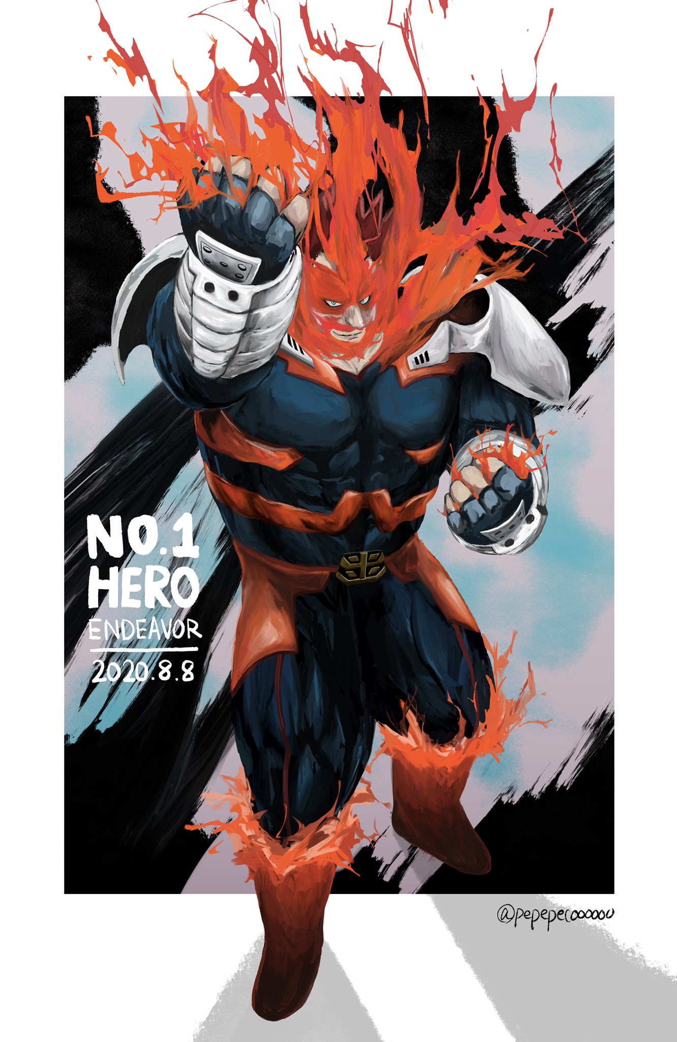 1boy armor beard blue_bodysuit bodysuit boku_no_hero_academia covered_abs facial_hair fighting_stance fingerless_gloves fire full_body gloves highres large_pectorals looking_at_viewer male_focus mature_male muscular muscular_male pauldrons pepepecoooooo scar scar_across_eye short_hair shoulder_armor smile solo spiky_hair todoroki_enji