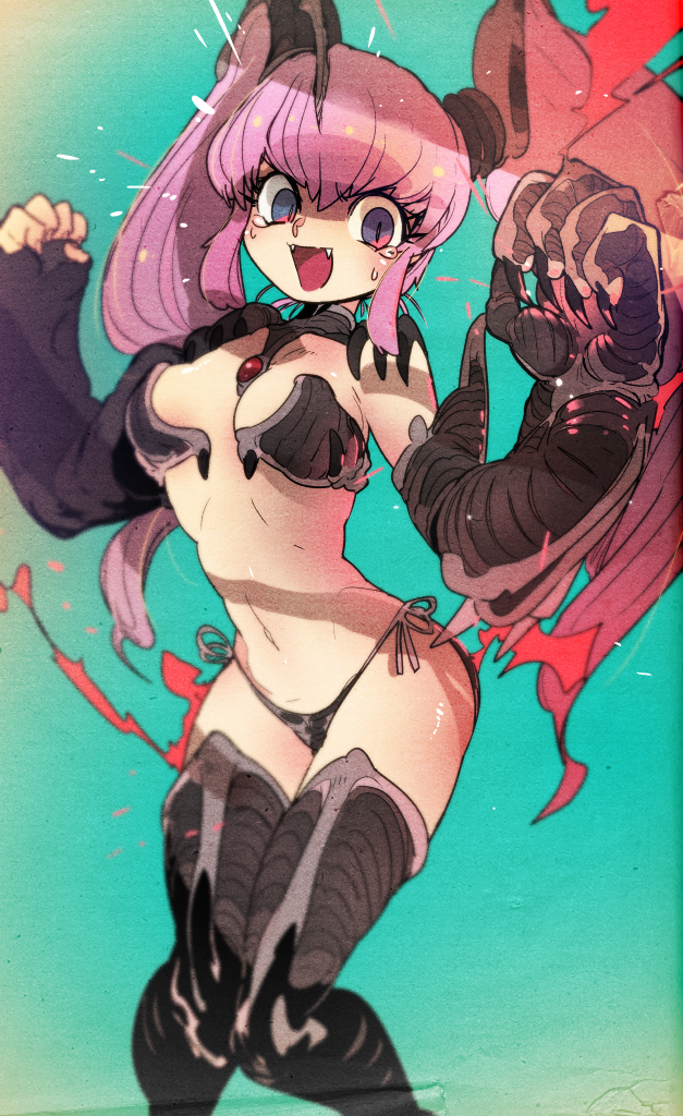 1girl :d bikini black_bikini black_legwear blue_background claws copyright_request hands_up knees_together_feet_apart kuroi_moyamoya long_hair looking_at_viewer navel open_mouth oversized_forearms oversized_limbs pink_hair side-tie_bikini sidelocks slit_pupils smile solo swimsuit tears thigh-highs twintails very_long_hair violet_eyes