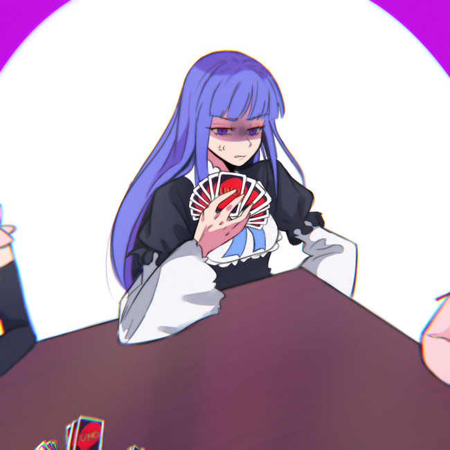 anger_vein card commentary english_commentary featherine_augustus_aurora frederica_bernkastel holding holding_card lambdadelta long_hair out_of_frame playing_card pmagosh purple_hair shaded_face simple_background table umineko_no_naku_koro_ni uno_(game) violet_eyes wide_sleeves