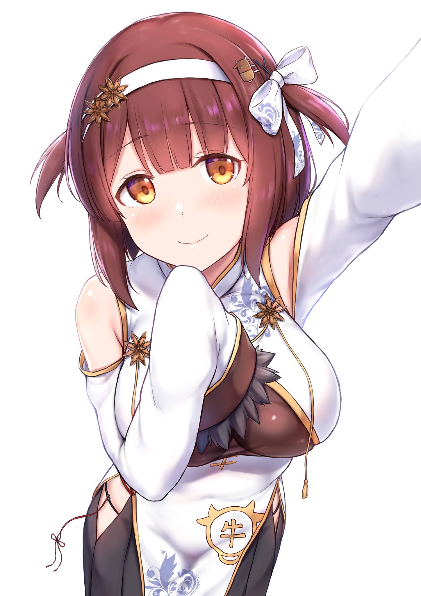 1girl arm_up blush breasts brown_hair cai_geng clothing_cutout covered_navel cowboy_shot eyebrows_visible_through_hair hair_ornament hair_ribbon hairband hand_to_own_mouth highres large_breasts panties pelvic_curtain ribbon short_hair shoulder_cutout simple_background skirt sleeves_past_wrists solo string_panties two_side_up underwear white_background yellow_eyes you_can_eat_the_girl