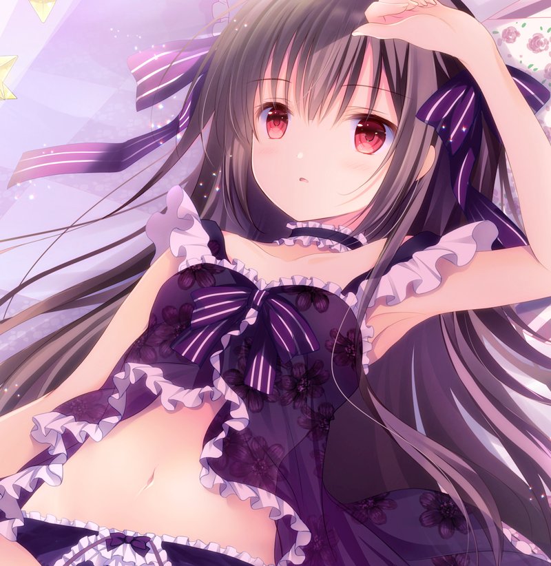1girl arm_up armpits babydoll bangs bare_shoulders black_choker black_hair black_panties blush bow bow_panties choker collarbone commentary_request eyebrows_visible_through_hair frilled_choker frilled_panties frills hair_between_eyes hair_bow looking_away lying on_back original panties parted_lips purple_bow red_eyes shirogane_hina solo striped striped_bow underwear