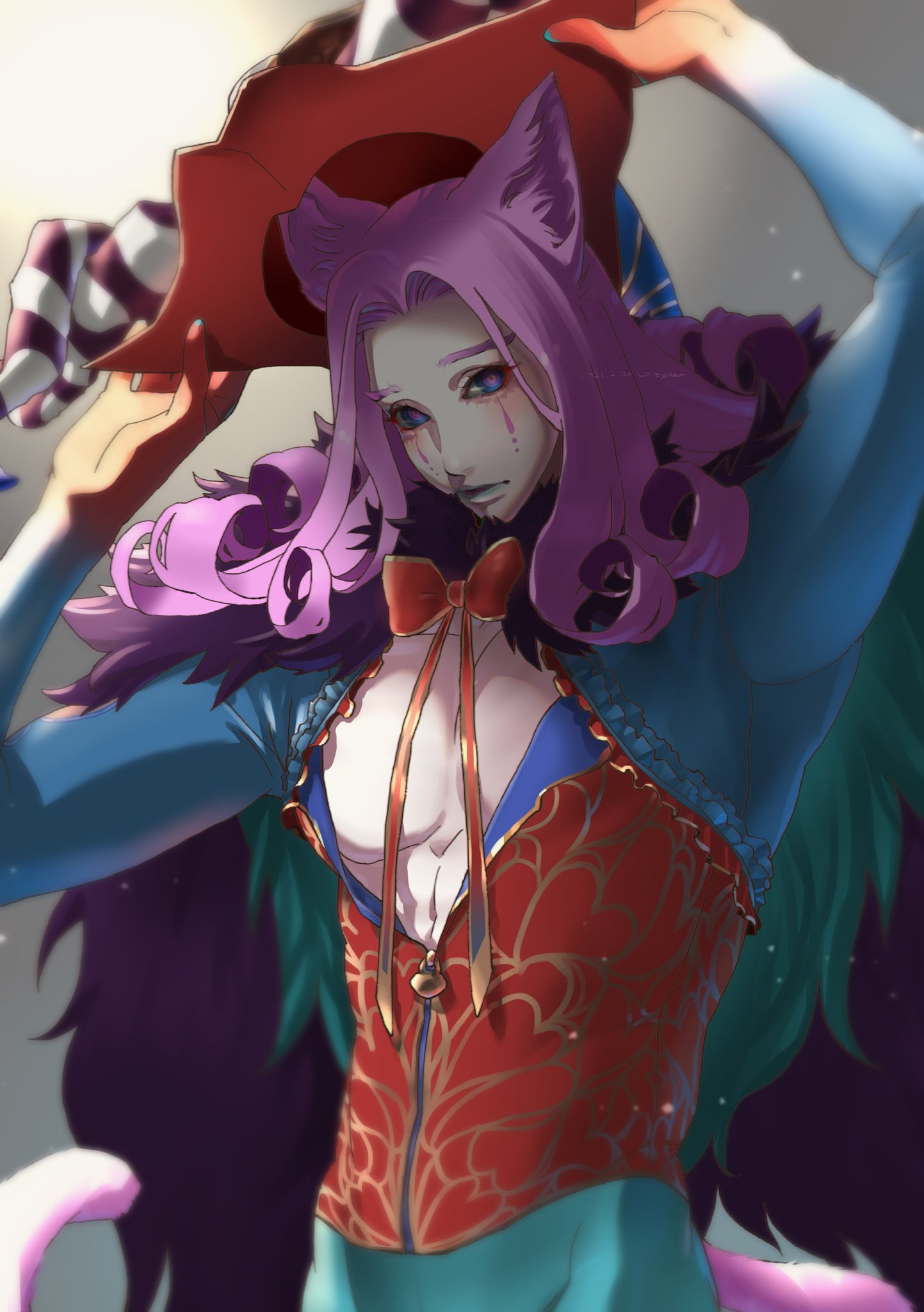 1boy animal_ears argyle argyle_legwear blue_eyes blue_lips bow bowtie cape cat_boy cat_ears cat_tail center_opening clown colored_skin curly_hair demon_boy fate/grand_order fate_(series) fur-trimmed_cape fur_collar fur_trim gloves hat headpiece heart heart_print highres indoors light_particles lips looking_at_viewer loveyama makeup male_focus medium_hair mephistopheles_(fate) multicolored multicolored_eyes pantyhose purple_hair removing_hat solo tail teardrop thick_eyebrows unzipped violet_eyes white_skin