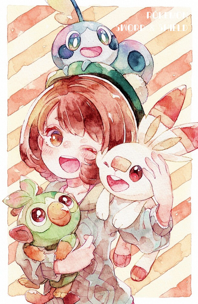 1girl bangs blush bob_cut border brown_eyes brown_hair cardigan copyright_name gen_8_pokemon gloria_(pokemon) green_headwear grey_cardigan grookey hat holding holding_pokemon looking_at_viewer on_head one_eye_closed open_mouth outside_border pokemon pokemon_(creature) pokemon_(game) pokemon_on_arm pokemon_on_head pokemon_swsh rrrpct scorbunny short_hair smile sobble starter_pokemon_trio symbol_commentary tam_o'_shanter teeth tongue traditional_media watercolor_(medium) white_border