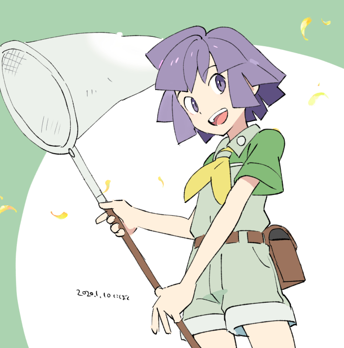 1boy :d belt bugsy_(pokemon) collared_shirt dated green_shirt green_shorts gym_leader holding holding_butterfly_net leaves_in_wind looking_back male_focus nibo_(att_130) open_mouth pokemon pokemon_(game) pokemon_hgss purple_hair shirt short_hair shorts smile solo teeth tongue violet_eyes
