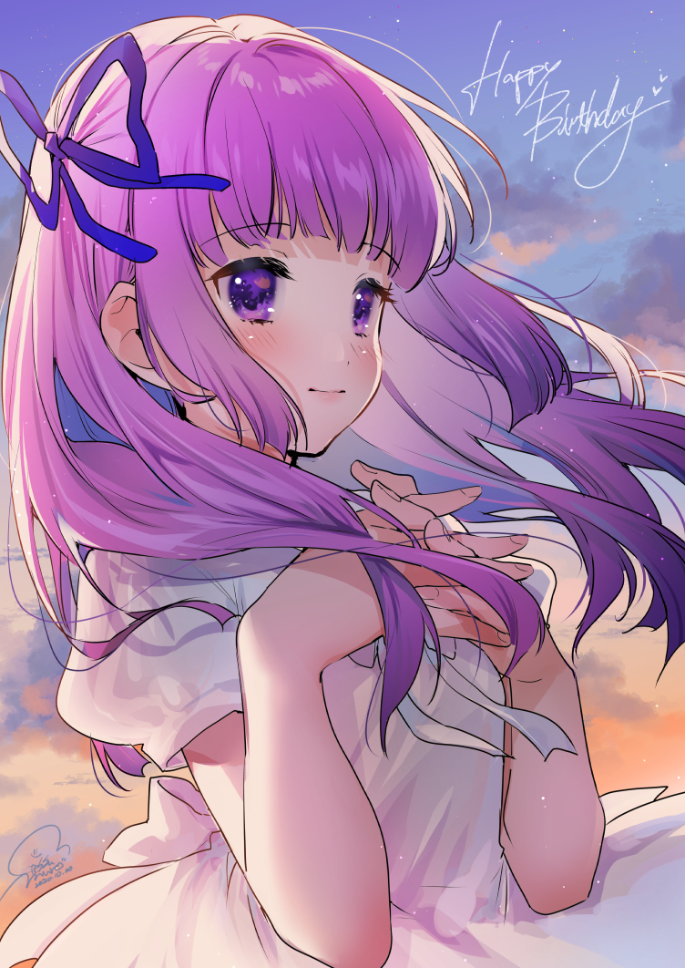 1girl aikatsu! aikatsu!_(series) bangs blue_ribbon blunt_bangs blush bow clouds cloudy_sky commentary dress evening eyebrows_visible_through_hair floating_hair from_side geshumaro gradient_sky hair_ribbon happy_birthday hikami_sumire interlocked_fingers long_hair looking_to_the_side neck_ribbon orange_sky outdoors own_hands_together pink_lips puffy_short_sleeves puffy_sleeves purple_hair ribbon short_sleeves signature sky smile solo star_(sky) starry_sky twilight upper_body violet_eyes waist_bow white_bow white_dress white_ribbon wind