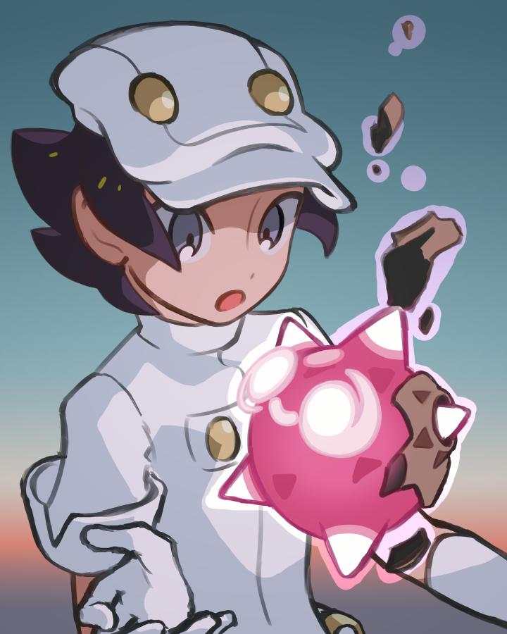 1boy aether_foundation_employee commentary_request gen_7_pokemon gloves grey_eyes hand_up hat jacket komurapk male_focus minior minior_(core) minior_(red_core) open_mouth pokemon pokemon_(creature) pokemon_(game) pokemon_sm short_hair short_sleeves upper_body white_gloves white_headwear white_jacket