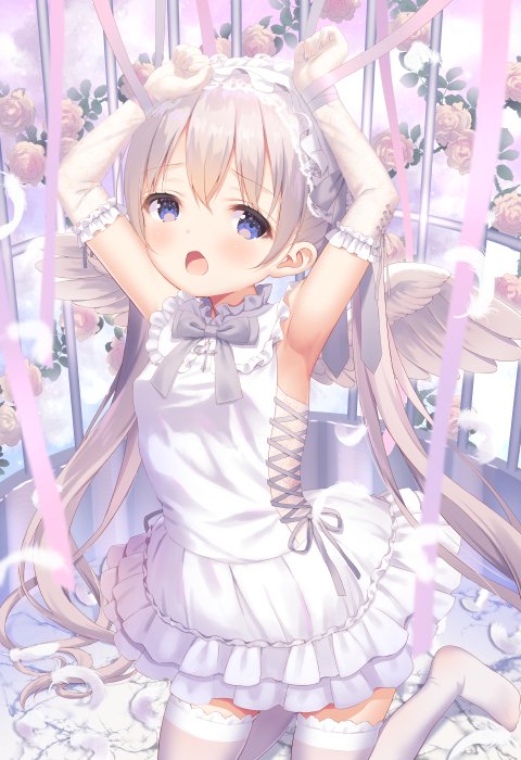 1girl armpits arms_up bangs bare_shoulders birdcage blue_eyes blush bound bound_wrists bow breasts cage chitosezaka_suzu commentary_request dress elbow_gloves eyebrows_visible_through_hair feathered_wings flower frilled_gloves frilled_hairband frills gloves grey_bow grey_hair hair_between_eyes hairband kneeling long_hair looking_at_viewer open_mouth original rose sleeveless sleeveless_dress small_breasts solo thigh-highs very_long_hair white_dress white_feathers white_flower white_gloves white_hairband white_legwear white_rose white_wings wings
