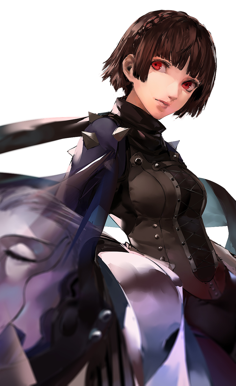 1girl bangs biker_clothes black_scarf blazpu bodysuit braid breasts brown_hair corset crown_braid english_commentary ground_vehicle highres joanna_(persona_5) lips long_sleeves medium_breasts motor_vehicle motorcycle niijima_makoto persona persona_5 red_eyes scarf short_hair simple_background solo spikes white_background