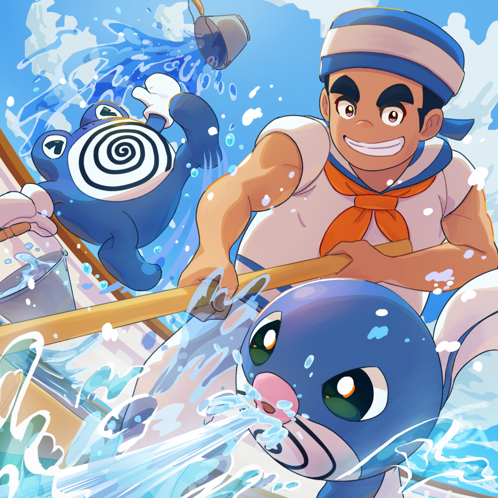 &gt;_&lt; 1boy black_hair bucket clenched_teeth clouds commentary_request day from_below gen_1_pokemon hat holding male_focus orange_neckwear outdoors pants pokemon pokemon_(game) pokemon_lgpe poliwag poliwhirl sailor_(pokemon) shirt short_hair short_sleeves sky spilling standing teeth tom_(pixiv10026189) water white_pants white_shirt