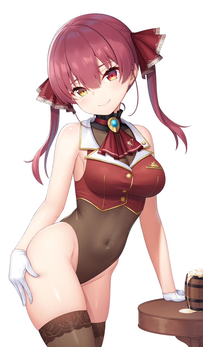 1girl alcohol ascot bangs bare_arms bare_shoulders beer blush breasts brown_legwear brown_leotard commentary_request contrapposto covered_navel cowboy_shot gem gloves hair_ornament hair_ribbon hand_on_own_chin heijialan heterochromia highleg highleg_leotard highres hololive houshou_marine large_breasts leotard long_hair looking_at_viewer pale_skin red_eyes redhead ribbon simple_background skindentation smile solo table thigh-highs twintails virtual_youtuber white_background white_gloves yellow_eyes