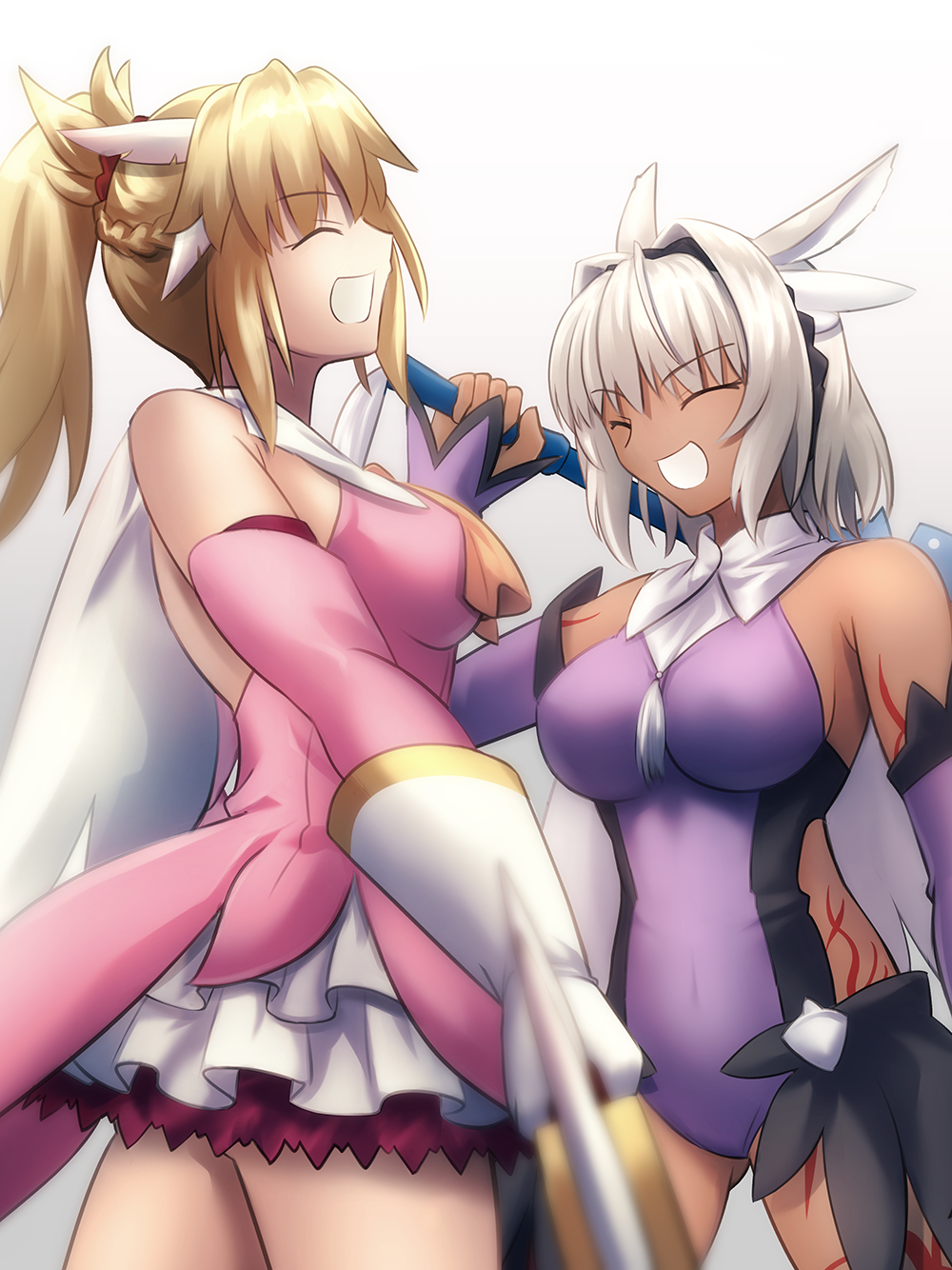 2girls animal_ears ascot bangs bare_shoulders blonde_hair braid breasts caenis_(fate) cape closed_eyes cosplay dark_skin dark-skinned_female detached_sleeves dress elbow_gloves fate/apocrypha fate/grand_order fate/kaleid_liner_prisma_illya fate_(series) feathers french_braid gloves hair_feathers hair_ornament hair_scrunchie highres holding holding_wand kaleidostick large_breasts layered_gloves leotard long_hair magical_girl magical_ruby magical_sapphire migiha miyu_edelfelt miyu_edelfelt_(cosplay) mordred_(fate) mordred_(fate)_(all) multiple_girls open_mouth parted_bangs pink_dress pink_gloves ponytail prisma_illya prisma_illya_(cosplay) purple_leotard purple_sleeves scrunchie sidelocks skirt smile thighs two_side_up wand white_cape white_gloves white_hair white_skirt yellow_neckwear