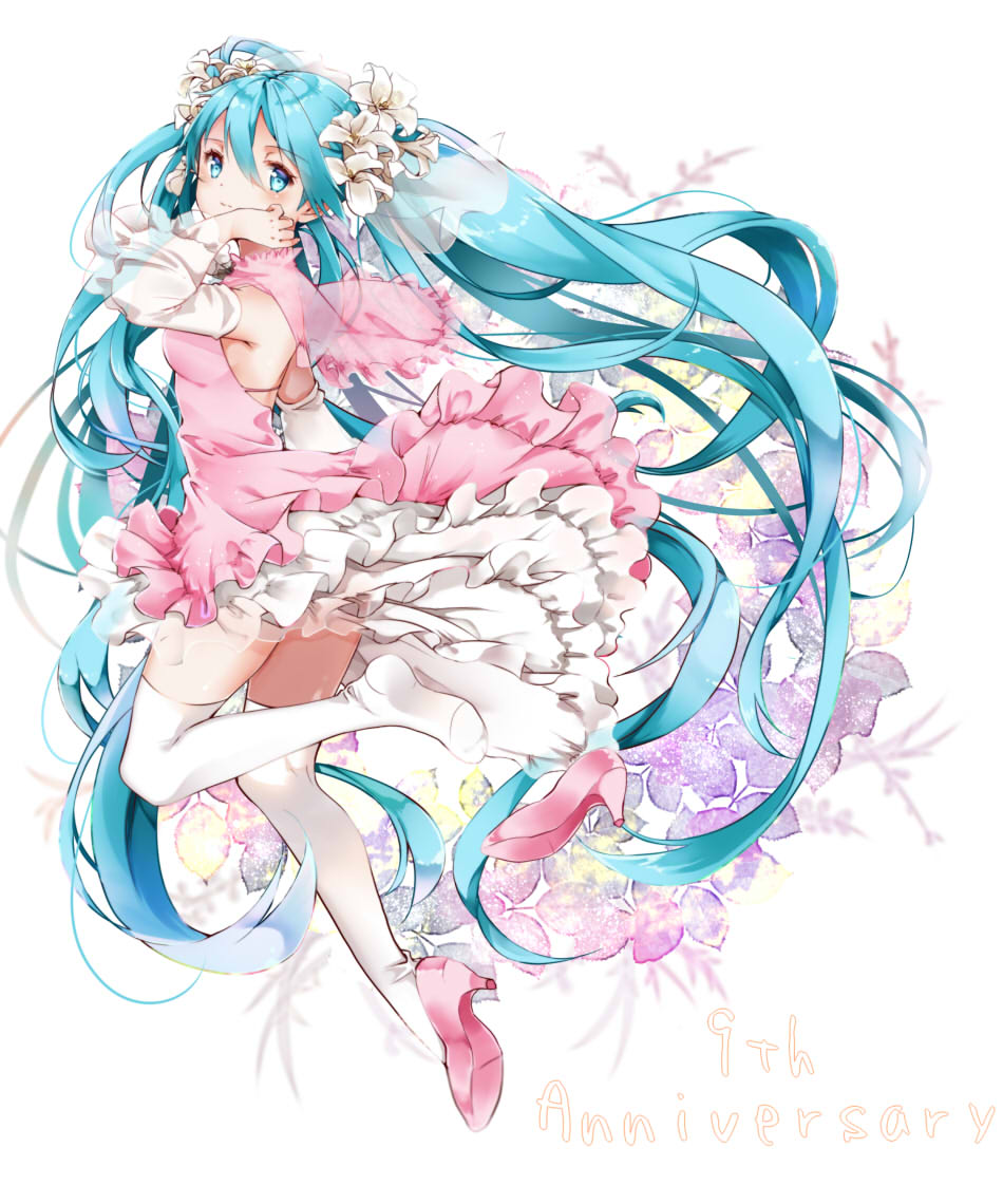 1girl bangs blue_eyes blue_hair breasts closed_mouth detached_sleeves dress floating_hair flower from_side full_body hair_between_eyes hair_flower hair_ornament hatsune_miku high_heels kyashii_(a3yu9mi) layered_dress lily_(flower) long_hair long_sleeves medium_breasts pink_capelet pink_dress pink_footwear pumps see-through shiny shiny_hair sleeveless sleeveless_dress solo thigh-highs very_long_hair vocaloid white_background white_flower white_legwear white_sleeves