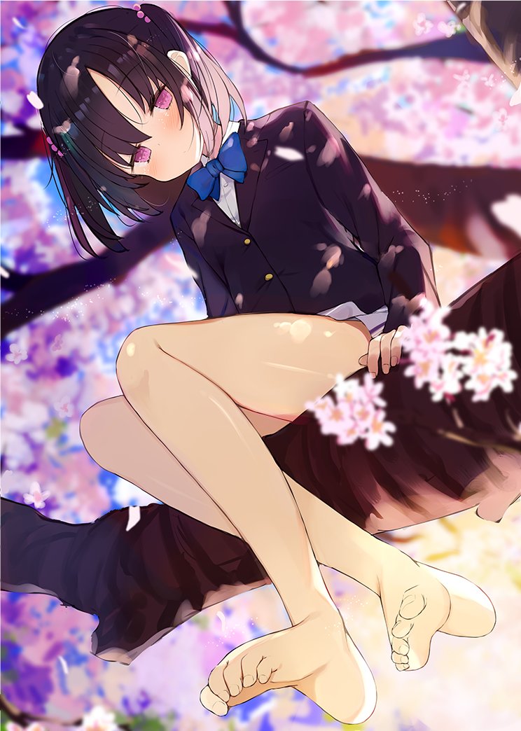 1girl arm_support bangs barefoot black_hair black_shirt blazer blurry blurry_background blush bow bowtie cherry_blossoms closed_mouth collared_shirt eyebrows_visible_through_hair full_body jacket kamizaki_hibana legs long_sleeves looking_at_viewer medium_hair original parted_bangs shirt sidelocks sitting solo thighs tree_branch two_side_up uniform violet_eyes