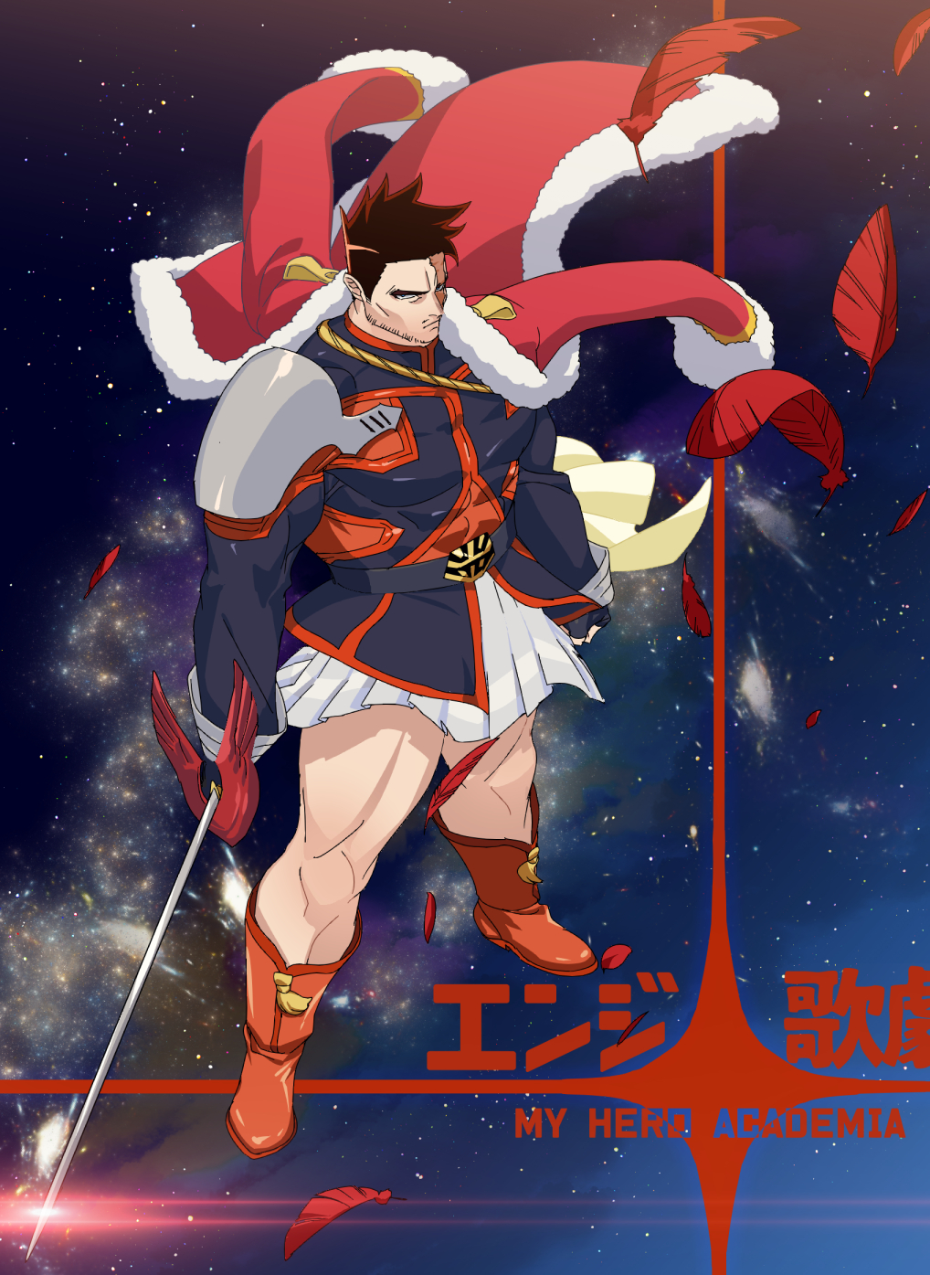 1boy armor bare_legs beard boku_no_hero_academia christmas covered_abs facial_hair feathers from_above full_body highres holding holding_sword holding_weapon jacket koooogasya large_pectorals male_focus mature_male muscular muscular_male parody_request red_feathers red_jacket redhead santa_costume short_hair shoulder_armor sideburns skirt solo spaulders spiky_hair sword thick_thighs thighs todoroki_enji weapon white_skirt wind