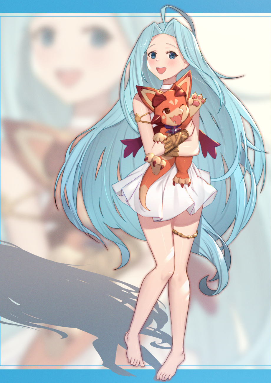 1girl :d ;d ahoge bangs bare_shoulders barefoot blue_eyes blue_hair brown_eyes choker dragon dress forehead granblue_fantasy highres long_hair lyria_(granblue_fantasy) one_eye_closed open_mouth parted_bangs pleated_dress shadow sleeveless sleeveless_dress smile standing uneg vee_(granblue_fantasy) very_long_hair white_choker white_dress zoom_layer