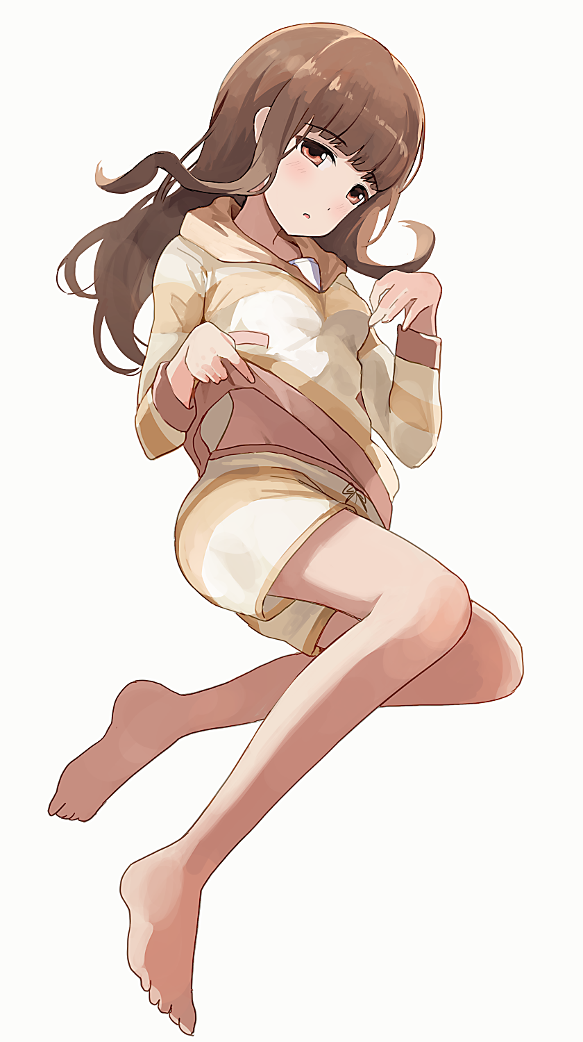 1girl bangs barefoot blunt_bangs breasts brown_eyes brown_hair brown_hoodie brown_shorts eyebrows_visible_through_hair full_body hand_up highres hiroki_(yyqw7151) hood hood_down hoodie iino_miko kaguya-sama_wa_kokurasetai_~tensai-tachi_no_renai_zunousen~ legs long_hair long_sleeves looking_at_viewer parted_lips shorts simple_background small_breasts solo white_background