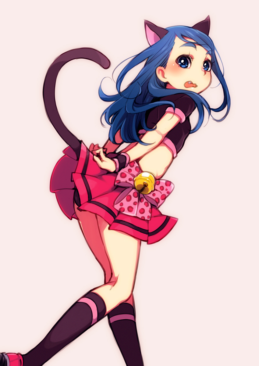 1girl animal_ears arms_behind_back ass bell black_legwear black_panties black_shirt blue_eyes blue_hair bow cat_ears cat_tail commentary cowboy_shot crop_top eyebrows_visible_through_hair floating_hair from_side highres jingle_bell leaning_forward long_hair looking_at_viewer looking_back minazuki_karen open_mouth panther_pink_(precure) panties pantyshot pink_bow pink_footwear pink_skirt polka_dot polka_dot_bow precure shiny shiny_hair shiny_skin shirt shoes short_sleeves single_stripe skirt sneakers socks solo striped striped_legwear surprised tail thick_eyebrows ukokkei underwear walking wavy_mouth yes!_precure_5