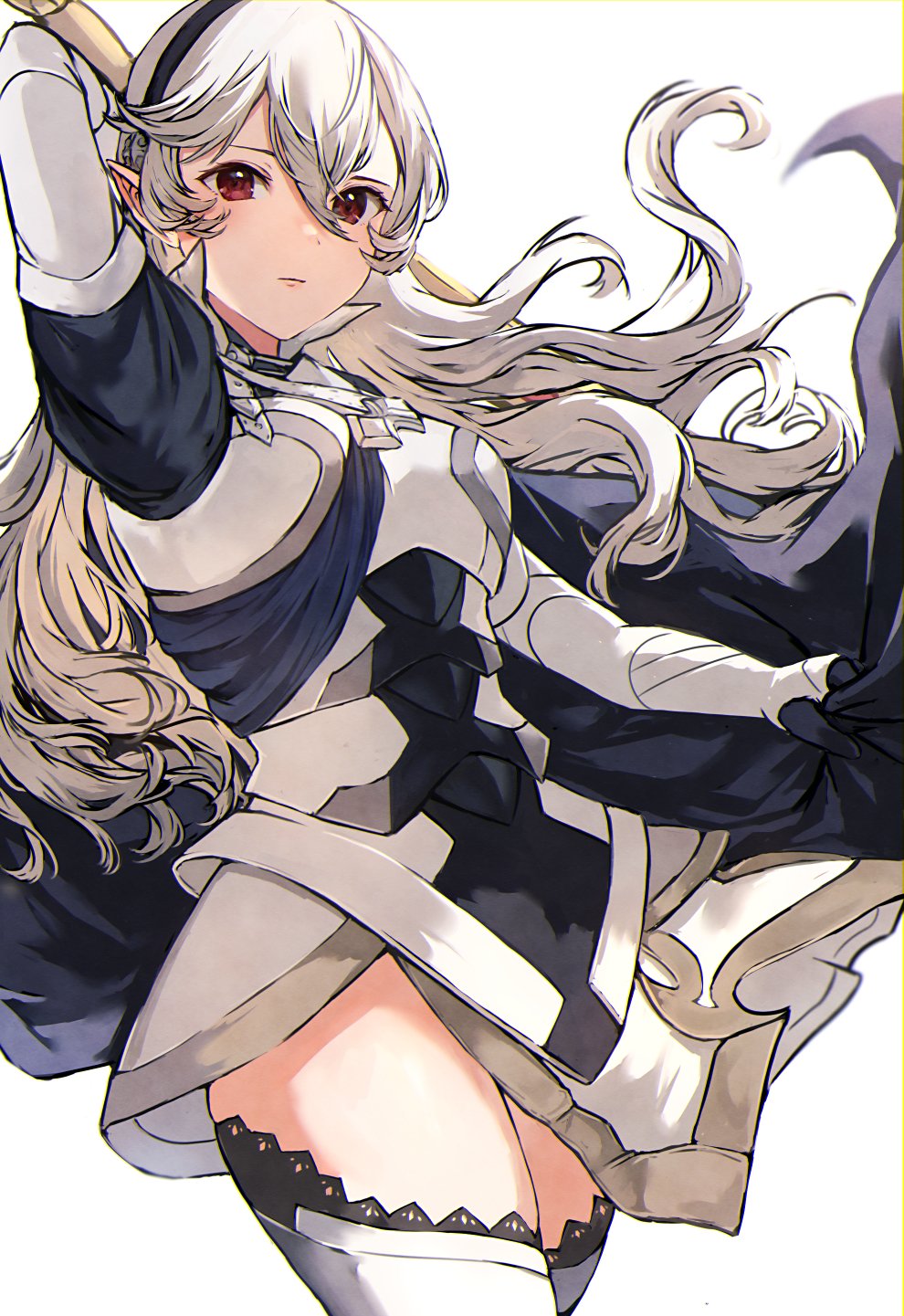 1girl arm_behind_head arm_up armor armored_dress breasts cape closed_mouth clothing_cutout corrin_(fire_emblem) corrin_(fire_emblem)_(female) cowboy_shot fire_emblem fire_emblem_fates gauntlets gloves grabbing hair_between_eyes hairband haru_(nakajou-28) highres holding holding_sword holding_weapon long_hair looking_at_viewer medium_breasts pointy_ears puffy_sleeves red_eyes sidelocks silver_hair simple_background solo sword thigh_cutout weapon white_background