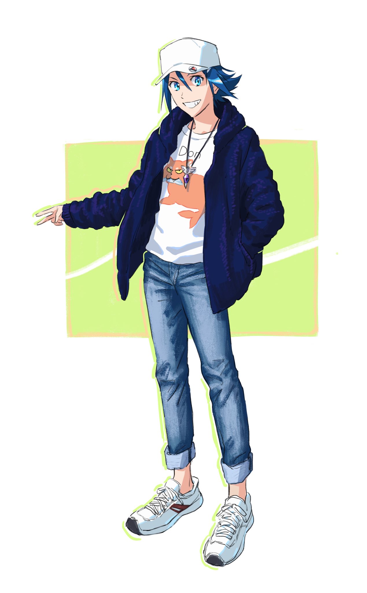 1boy alternate_costume baseball_cap blue_eyes blue_hair blue_jacket denim fashion full_body graphic_shirt hair_between_eyes hand_in_pocket hat hayate_immelmann highres jacket jeans jewelry looking_at_viewer macross macross_delta male_focus mosako necklace pants parted_lips shirt shoes smile sneakers solo t-shirt white_footwear white_headwear white_shirt