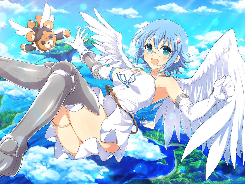 1girl angel angel_of_light_nanael angel_wings armor armored_boots blue_hair blue_sky boots breasts clouds crossover day dress falling gauntlets glasses hair_ornament hairclip looking_at_viewer medium_breasts nanael official_art open_mouth panties queen's_blade senran_kagura senran_kagura_new_link short_hair sideboob sky sleeveless sleeveless_dress solo underwear white_dress wings yaegashi_nan