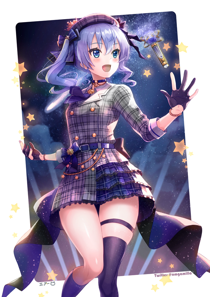 1girl :d bangs belt beret blue_eyes blue_hair blue_legwear blue_neckwear bow bracelet breasts choker dress eyebrows_visible_through_hair gloves grey_dress hair_between_eyes hair_bow hat hololive hoshimachi_suisei idol_clothes jewelry light_beam long_hair microphone necktie night night_sky omgamilla open_mouth over-kneehighs partially_fingerless_gloves plaid ribbon side_ponytail skindentation sky sleeves_rolled_up smile solo star_(sky) star_(symbol) starry_sky thigh-highs thigh_strap thighs twitter_username virtual_youtuber