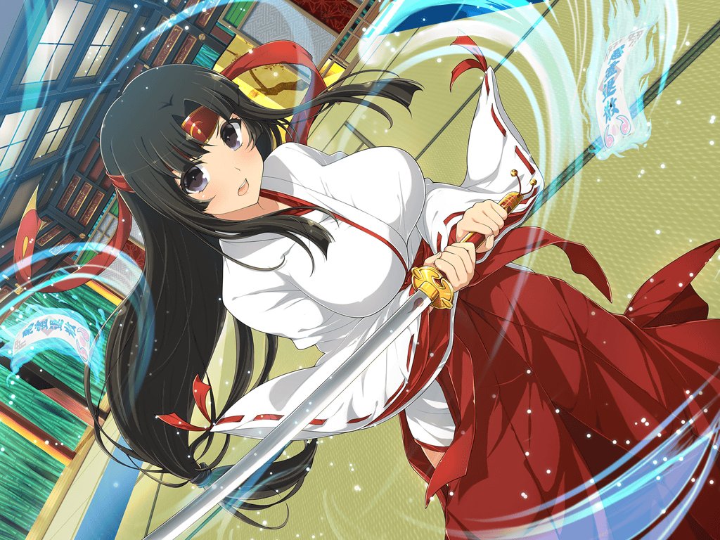 1girl black_hair blush breasts crossover eyebrows_visible_through_hair hakama headband holding holding_sword holding_weapon indoors japanese_clothes katana large_breasts long_hair long_sleeves looking_at_viewer miko musha_miko_tomoe official_art open_mouth queen's_blade red_hakama red_headband senran_kagura senran_kagura_new_link sidelocks solo sword tomoe very_long_hair violet_eyes weapon wide_sleeves yaegashi_nan
