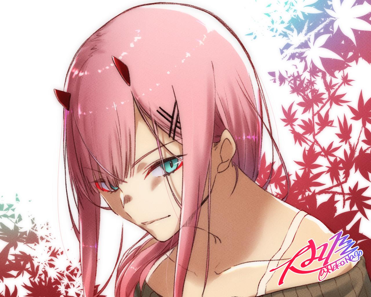 1girl bangs blue_eyes brown_sweater closed_mouth collarbone darling_in_the_franxx eyebrows_visible_through_hair hair_ornament hair_over_shoulder horns long_hair makeup mascara nakoya_(nane_cat) off-shoulder_sweater off_shoulder pink_hair portrait ribbed_sweater shiny shiny_hair signature solo spaghetti_strap sweater twitter_username white_background zero_two_(darling_in_the_franxx)