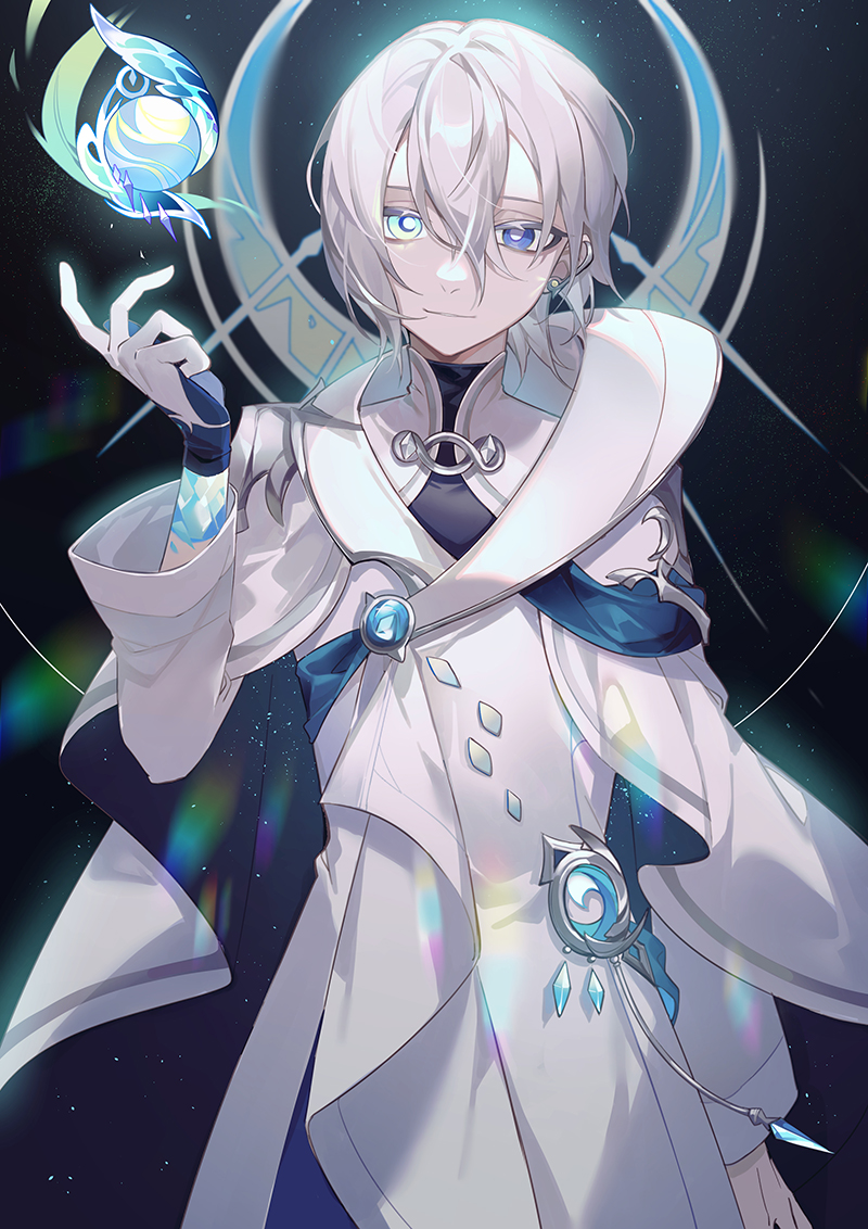 1boy black_background blue_eyes blue_gloves commentary dust earrings elsword english_commentary fingerless_gloves gloves heterochromia jewelry light_blue_eyes long_sleeves looking_at_viewer machi_(7769) male_focus noah_(elsword) robe short_hair simple_background solo tagme white_hair white_robe