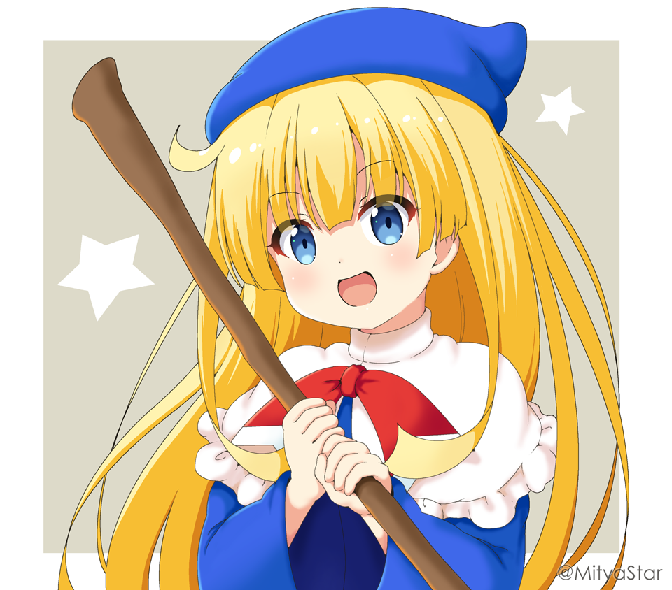 1girl :d bangs blonde_hair blue_dress blue_eyes blue_headwear blush capelet commentary_request dress eyebrows_visible_through_hair frilled_capelet frills grey_background hair_between_eyes holding long_hair long_sleeves miicha open_mouth puyopuyo smile solo starry_background twitter_username two-tone_background upper_body very_long_hair white_background white_capelet wide_sleeves witch_(puyopuyo)