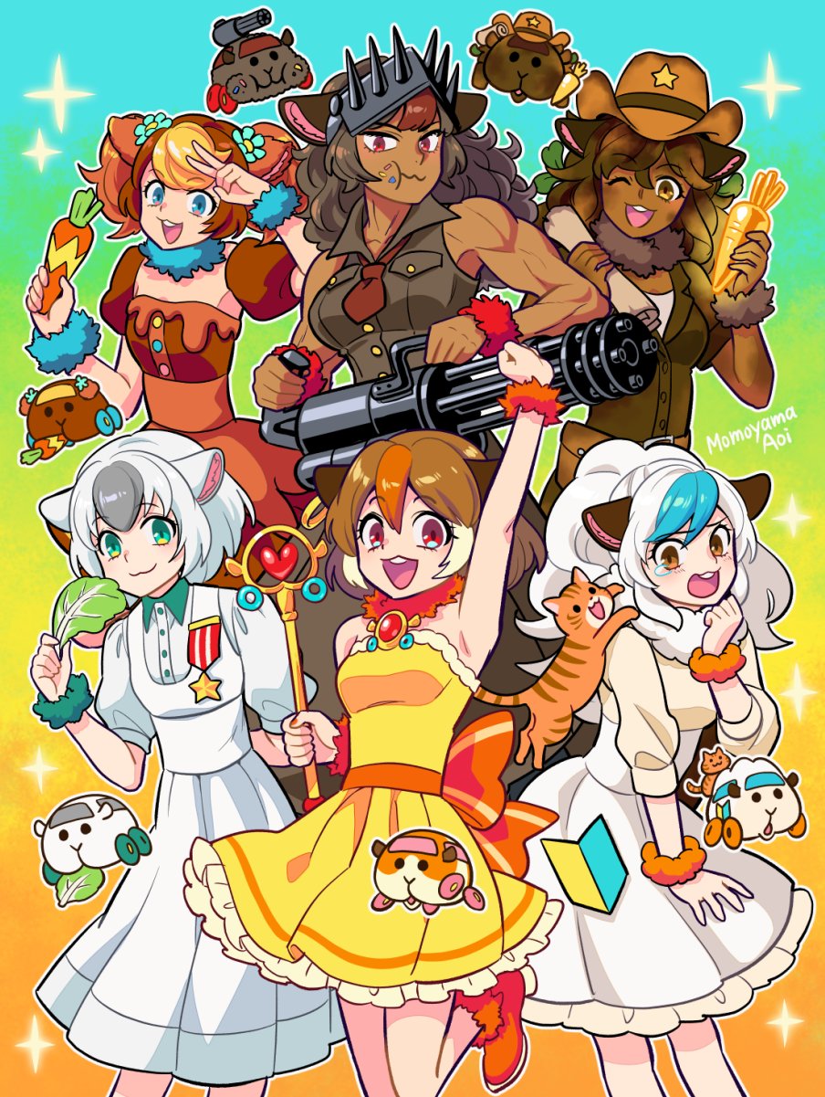 6+girls abbey_(pui_pui_molcar) animal_ears arm_up artist_name blue_eyes boots bow brown_dress carrot cat choco_(pui_pui_molcar) commentary_request dark_skin dark-skinned_female detached_sleeves dress flower food food_on_face fur_collar gradient gradient_background guinea_pig_ears gun hair_flower hair_ornament highres lettuce long-haired_molcar_(pui_pui_molcar) long_hair looking_at_viewer map medal molcar momoyama_aoi morumi multicolored_hair multiple_girls muscular necktie open_mouth orange_bow orange_footwear personification ponytwil potato_(pui_pui_molcar) puffy_short_sleeves puffy_sleeves pui_pui_molcar shiromo_(pui_pui_molcar) shirt short_sleeves sleeveless sleeveless_shirt smile sparkle teddy_(pui_pui_molcar) twintails two-tone_hair upper_teeth v wand weapon yellow_dress