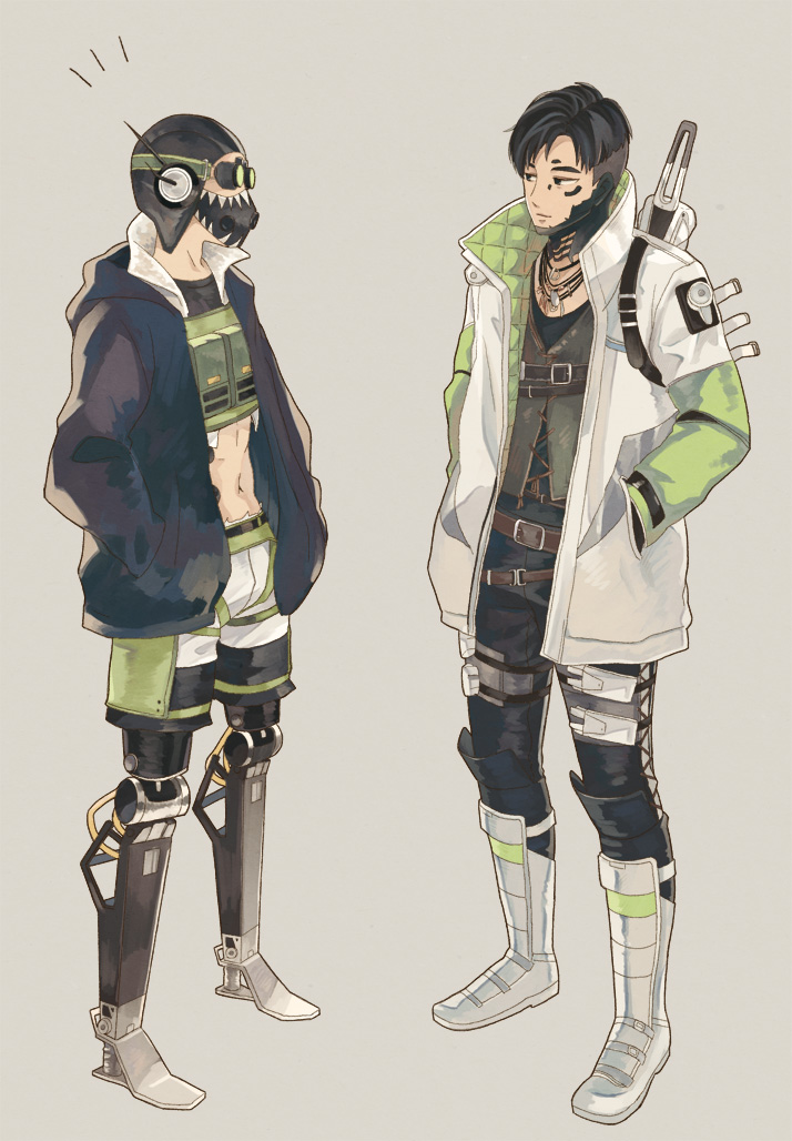 2boys apex_legends beige_background black_hair black_headwear black_jacket black_pants black_shirt cropped_vest crypto_(apex_legends) cyborg goggles green_shorts green_sleeves green_vest grey_jacket hands_in_pockets head_tilt jacket looking_at_another male_focus mask mechanical_legs midriff momonga_(mmng5) mouth_mask multiple_boys navel octane_(apex_legends) pants prosthesis prosthetic_leg science_fiction shirt shorts standing vest