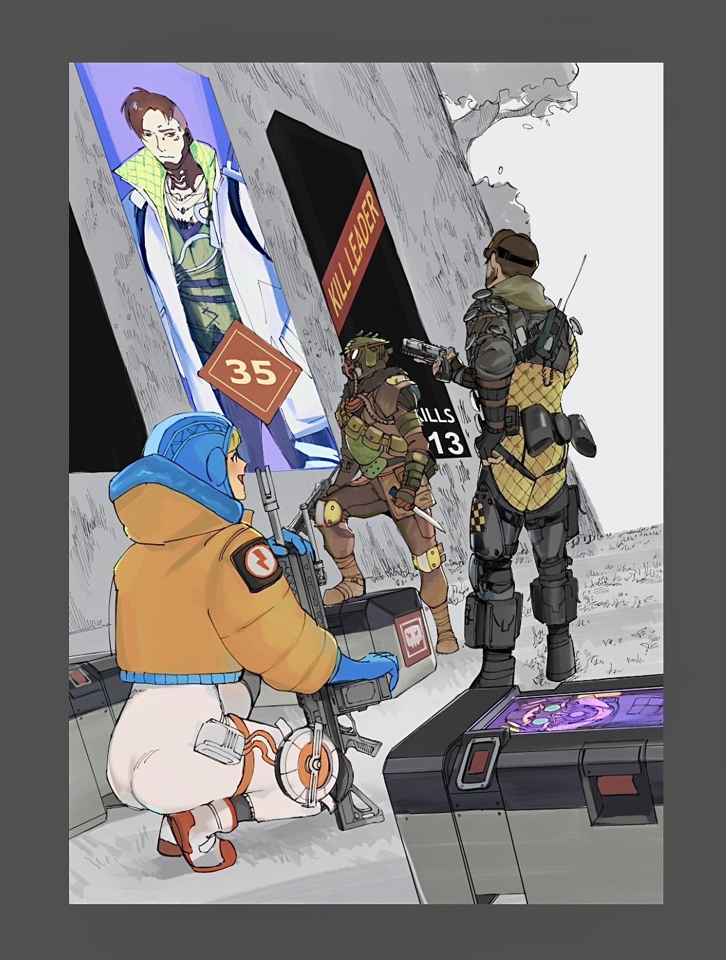 1girl 1other 2boys ambiguous_gender apex_legends ass b3_wingman blonde_hair bloodhound_(apex_legends) blue_eyes blush bodysuit box brown_hair clenched_hand crypto_(apex_legends) cyborg goggles grey_jacket gun hands_in_pockets highres hillprime holding holding_gun holding_knife holding_weapon hood hooded_jacket jacket knife looking_up mirage_(apex_legends) multiple_boys open_mouth orange_jacket r-99_smg revolver science_fiction squatting submachine_gun wattson_(apex_legends) weapon white_bodysuit
