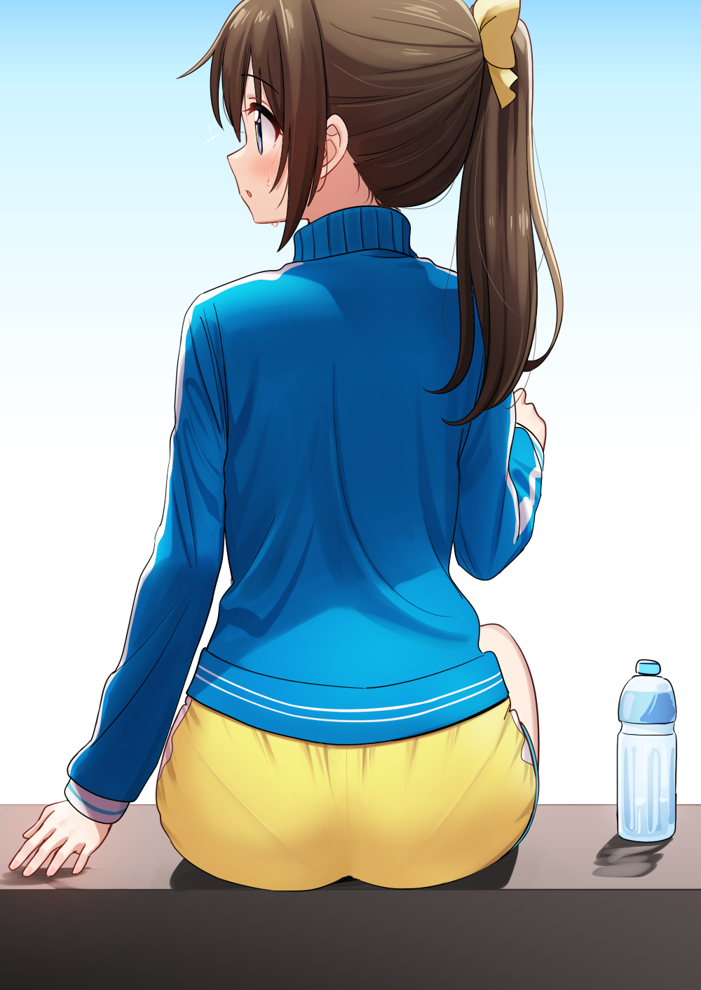 1girl ass blue_background blue_eyes blue_jacket blush bottle bow brown_hair commentary_request deadnooodles gradient gradient_background hair_bow highres jacket long_hair long_sleeves looking_away looking_to_the_side love_live! love_live!_nijigasaki_high_school_idol_club ousaka_shizuku pantylines parted_lips ponytail shorts sitting solo sweat track_jacket water_bottle yellow_bow yellow_shorts