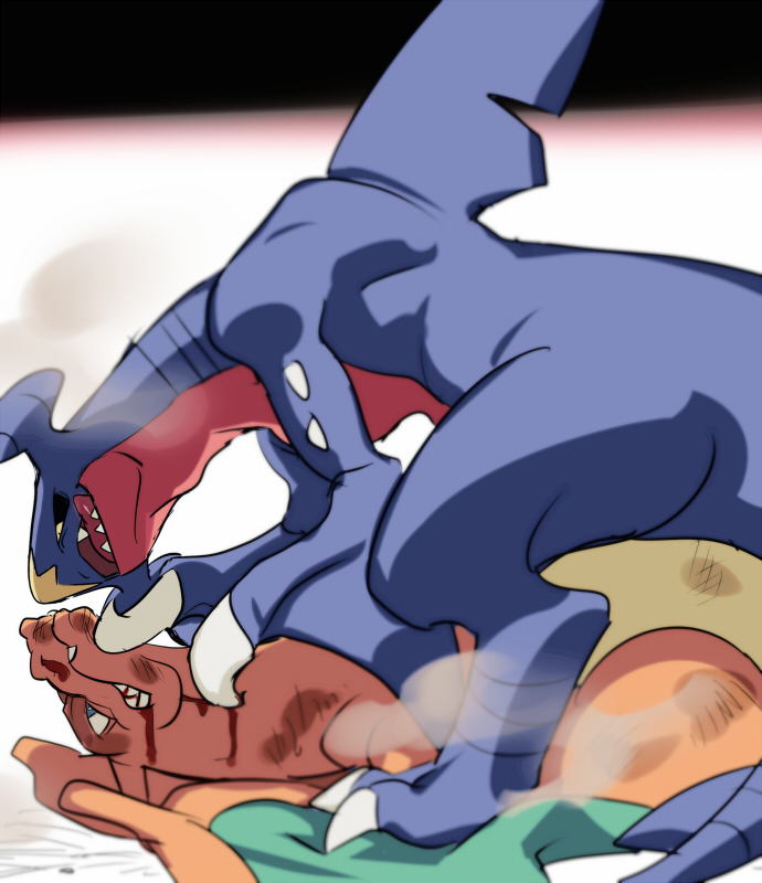 black_sclera blood charizard claws colored_sclera commentary_request eye_contact garchomp gen_1_pokemon gen_4_pokemon looking_at_another nibo_(att_130) no_humans open_mouth pokemon pokemon_(creature) scrape sharp_teeth teeth tongue yellow_eyes