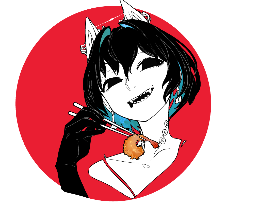 1girl :d animal_ears black_eyes black_hair cat_ears chopsticks colored_inner_hair colored_skin cropped_shoulders food hand_up holding holding_chopsticks holding_food kokubunji_suou kuroi_moyamoya looking_at_viewer mechanical_ears medium_hair mole mole_above_mouth multicolored_hair open_mouth original portrait red_background sharp_teeth smile solo teeth tempura white_skin