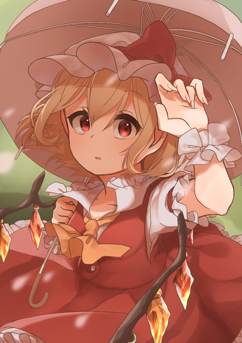 1girl adjusting_hair ascot blonde_hair bow crystal flandre_scarlet frilled_shirt frilled_shirt_collar frilled_skirt frilled_sleeves frills hat hat_ribbon holding holding_umbrella laspberry. medium_hair mob_cap one_side_up outdoors parasol puffy_short_sleeves puffy_sleeves rain red_bow red_eyes red_ribbon red_skirt red_vest ribbon shirt short_sleeves skirt solo tareme touhou umbrella vest white_shirt wings yellow_neckwear