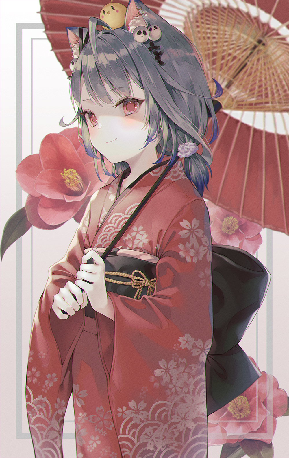 1girl ahoge alternate_costume alternate_hair_color animal_ear_fluff animal_ears bangs blush cat_ears cha_chya closed_mouth commentary eyebrows_visible_through_hair floral_print gradient_hair grey_hair hair_ornament hair_scrunchie highres hololive japanese_clothes kemonomimi_mode kimono long_sleeves multicolored_hair obi obiage obijime oil-paper_umbrella red_eyes red_kimono sash scrunchie short_hair short_twintails sidelocks skull_hair_ornament smile solo twintails umbrella uruha_rushia virtual_youtuber wide_sleeves