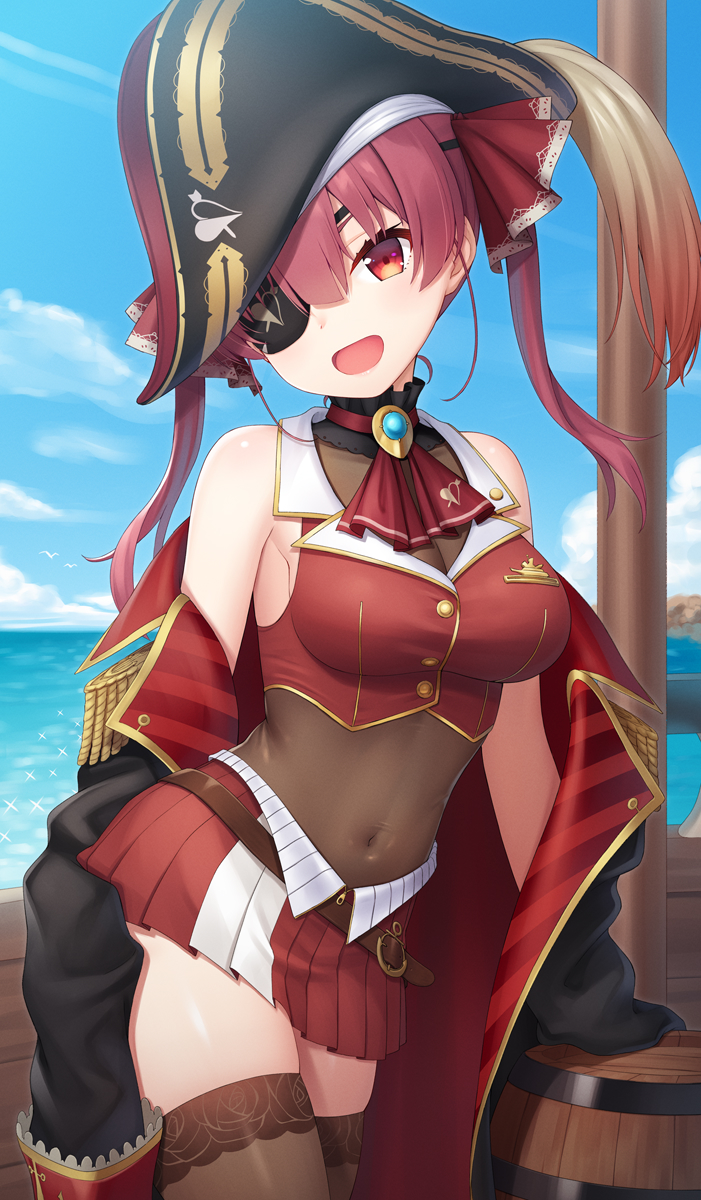 1girl :d ascot bangs bare_shoulders black_eyepatch black_headwear black_jacket blush breasts brown_legwear commentary_request contrapposto covered_navel day eyepatch hair_ornament hat heart heart_print heijialan highres hololive houshou_marine jacket large_breasts long_hair looking_at_viewer miniskirt ocean off_shoulder open_mouth outdoors pirate pirate_hat pleated_skirt red_eyes red_jacket red_skirt redhead skirt smile solo striped_jacket twintails two-sided_fabric two-sided_jacket virtual_youtuber white_skirt