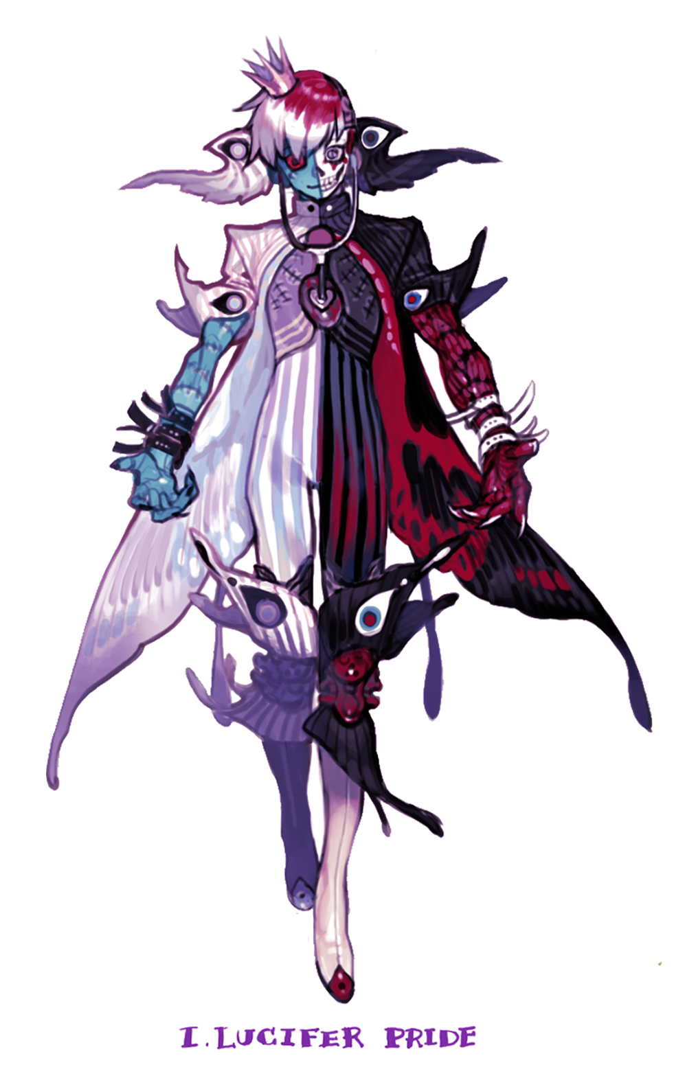 1boy blue_skin bracelet butterfly_wings cape colored_skin crown fingernails heart heterochromia highres jewelry long_fingernails male_focus multicolored_hair original pigeon666 red_eyes seven_deadly_sins standing stethoscope stitches violet_eyes wings