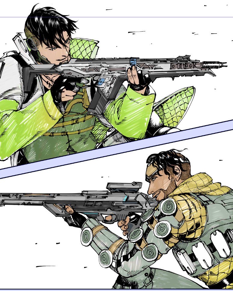 2boys aiming apex_legends assault_rifle black_eyes black_hair crypto_(apex_legends) cyborg facial_hair from_side goatee green_vest grey_jacket gun hillprime holding holding_gun holding_weapon jacket marker_(medium) mirage_(apex_legends) multiple_boys parted_lips r-301_carbine rifle science_fiction skirt sniper_rifle traditional_media triple_take vest weapon