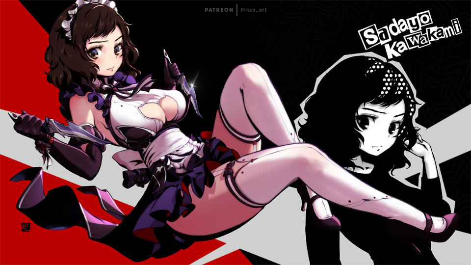 1girl bangs bare_shoulders black_background black_gloves black_ribbon breasts brown_eyes brown_hair character_name cleavage_cutout closed_mouth clothing_cutout commentary dagger elbow_gloves english_commentary frills garter_straps glint gloves hand_up hands_up high_heels holding holding_weapon kawakami_sadayo knee_up large_breasts lipstick looking_at_viewer maid_headdress makeup mitsu_(mitsu_art) mixed-language_commentary neck_ribbon patreon_username persona persona_5 red_background ribbon sash swept_bangs thigh-highs thighs two-tone_ribbon weapon white_legwear white_ribbon