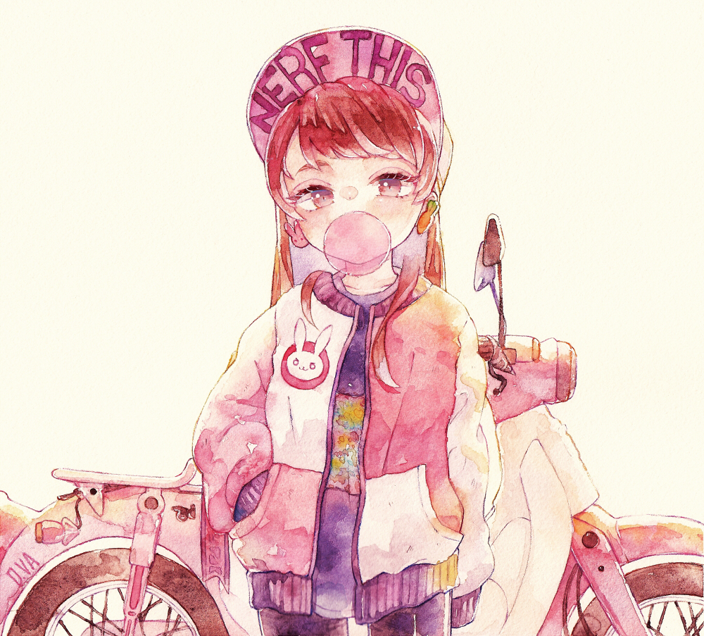 1girl arm_at_side bangs bicycle brown_hair bubble_blowing chewing_gum collarbone d.va_(overwatch) earrings eyelashes ground_vehicle hand_in_pocket jacket jewelry long_hair long_sleeves looking_at_viewer open_clothes open_jacket overwatch purple_shirt rrrpct shirt solo symbol_commentary traditional_media watercolor_(medium)