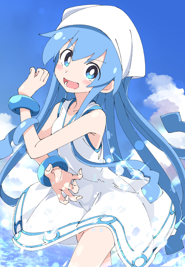 1girl blue_eyes blue_hair blue_sky clouds day dress eyebrows_visible_through_hair hat ikamusume ixy long_hair looking_at_viewer open_mouth shinryaku!_ikamusume sky sleeveless sleeveless_dress solo tentacle_hair white_dress white_headwear