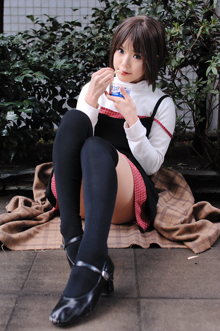 1girl cosplay ice_cream kanon kipi-san looking_at_viewer misaka_shiori photo plaid_skirt short_hair sitting thigh-highs