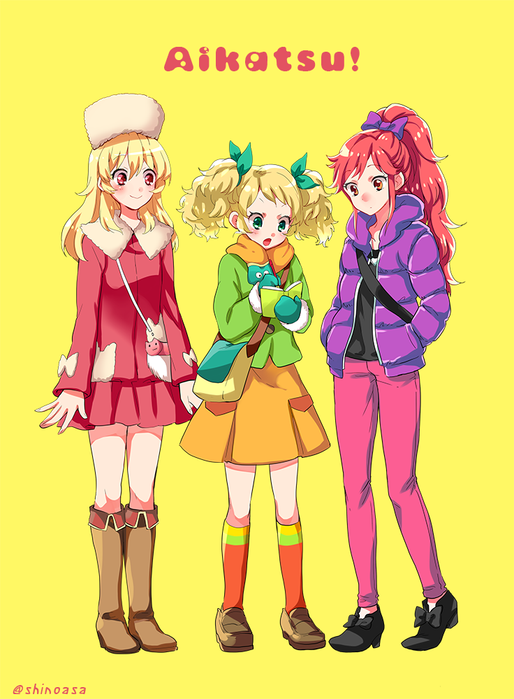 3girls aikatsu! blonde_hair blush boots copyright_name dress green_eyes hands_in_pockets hat hoshimiya_ichigo long_hair multiple_girls open_mouth otoshiro_seira pants ponytail red_eyes red_hair saegusa_kii shinoasa simple_background skirt smile yellow_background