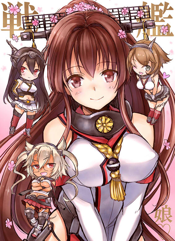 &gt;_o 4girls bare_shoulders black_hair breasts brown_eyes brown_hair chain glasses green_eyes hair_ornament hairband hands_on_hips kantai_collection kisaragi_mizu long_hair looking_at_viewer multiple_girls musashi_(kantai_collection) mutsu_(kantai_collection) nagato_(kantai_collection) navel open_mouth personification ponytail red_eyes sarashi short_hair skirt smile tan translation_request underboob white_hair wink yamato_(kantai_collection)